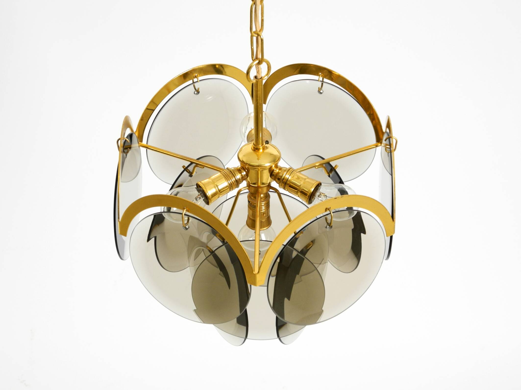 60s large brass ceiling chandelier with large round glass plates