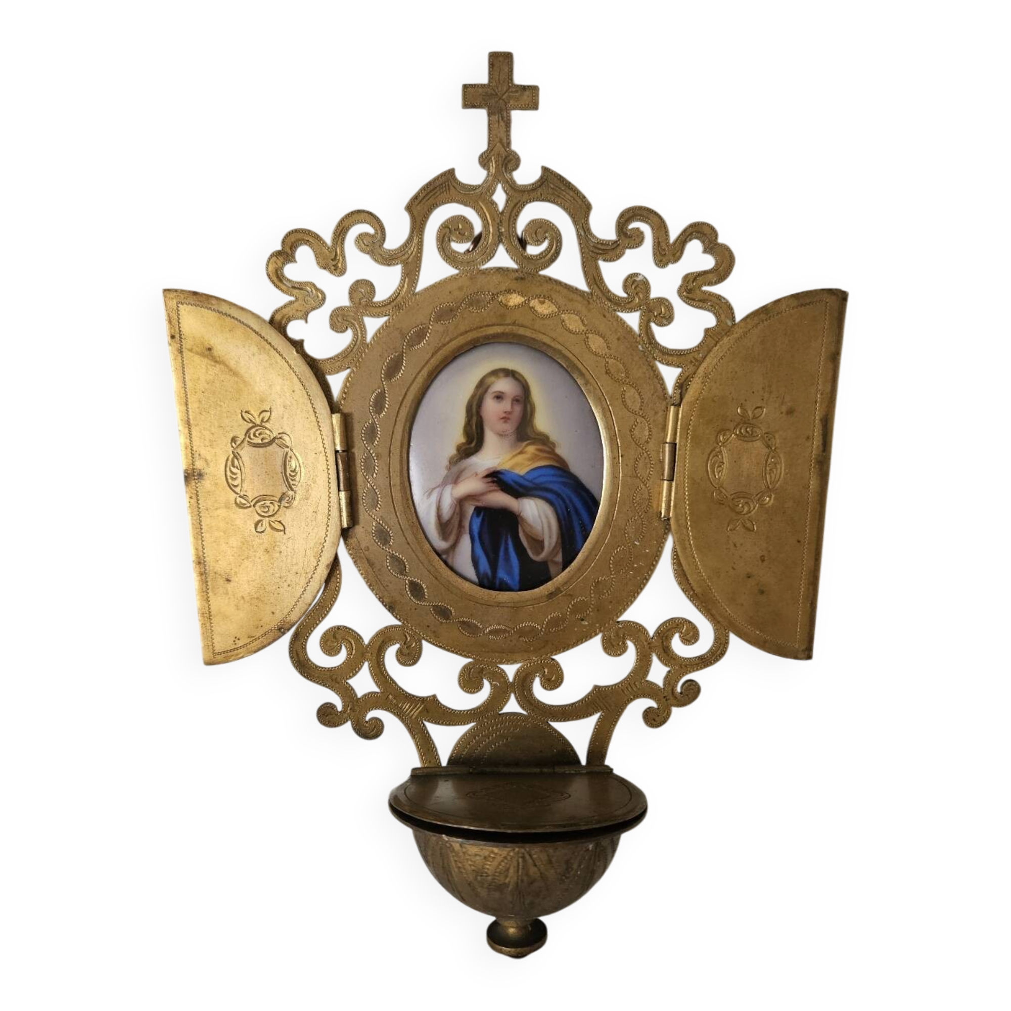 Antique triptych font brass porcelain