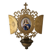 Ancien Bénitier tryptique laiton porcelaine