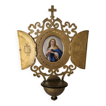 Antique triptych font brass porcelain