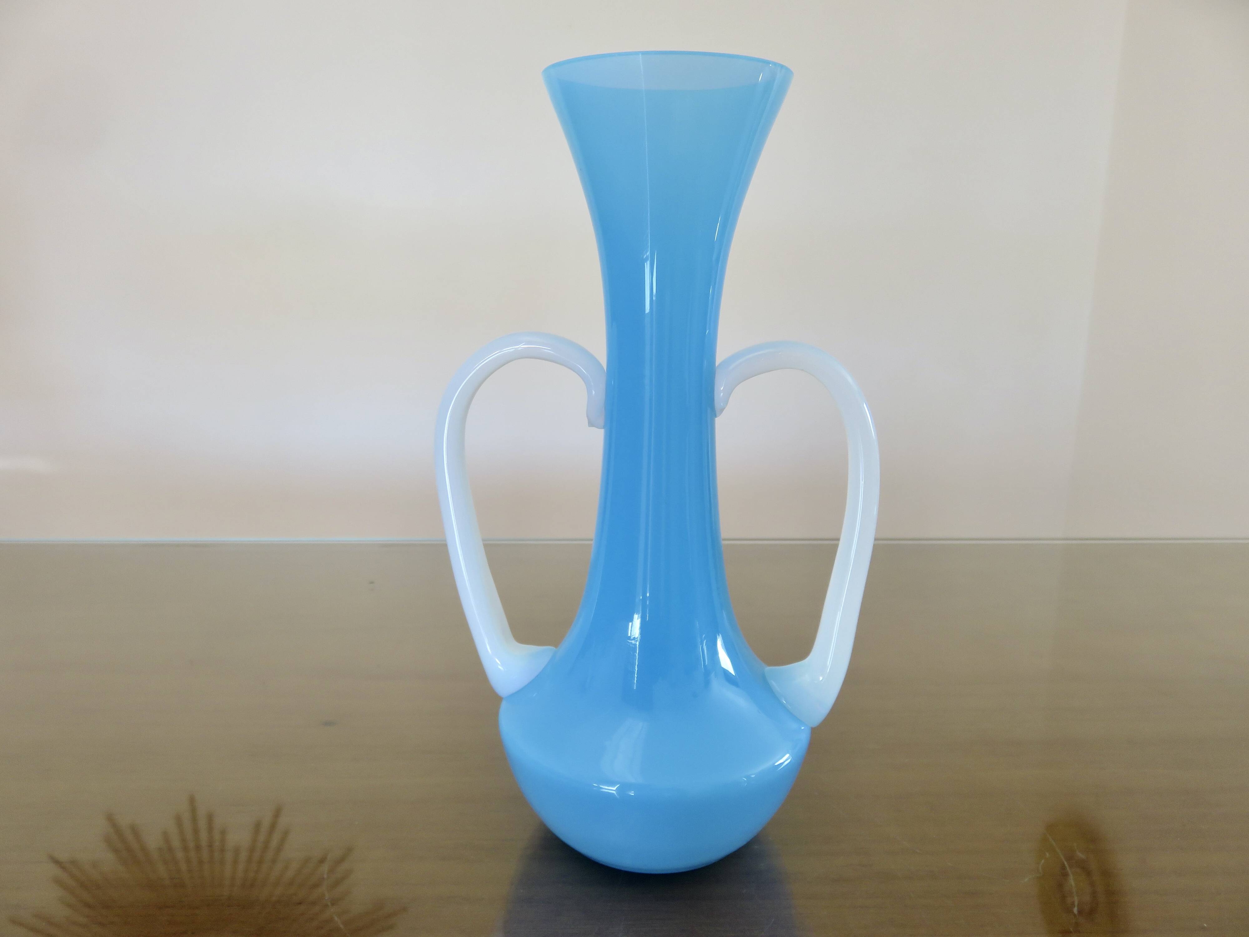 Blue opaline and opalescent glass soliflore vase, 1960s-70s.