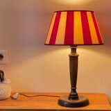 Wooden table lamp and striped lampshade