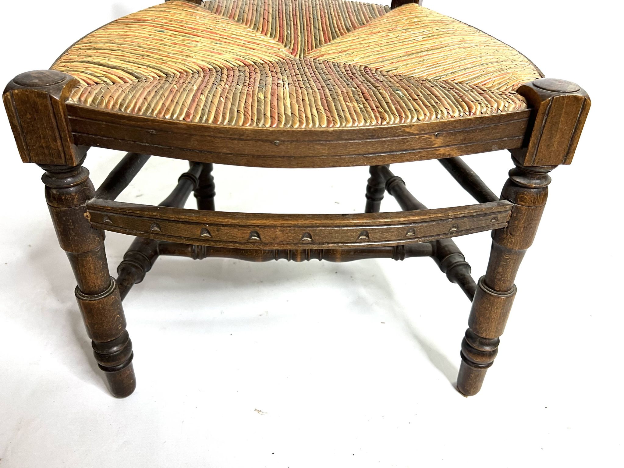 Antique wooden and straw nurse's chair - openwork backrest with bars c