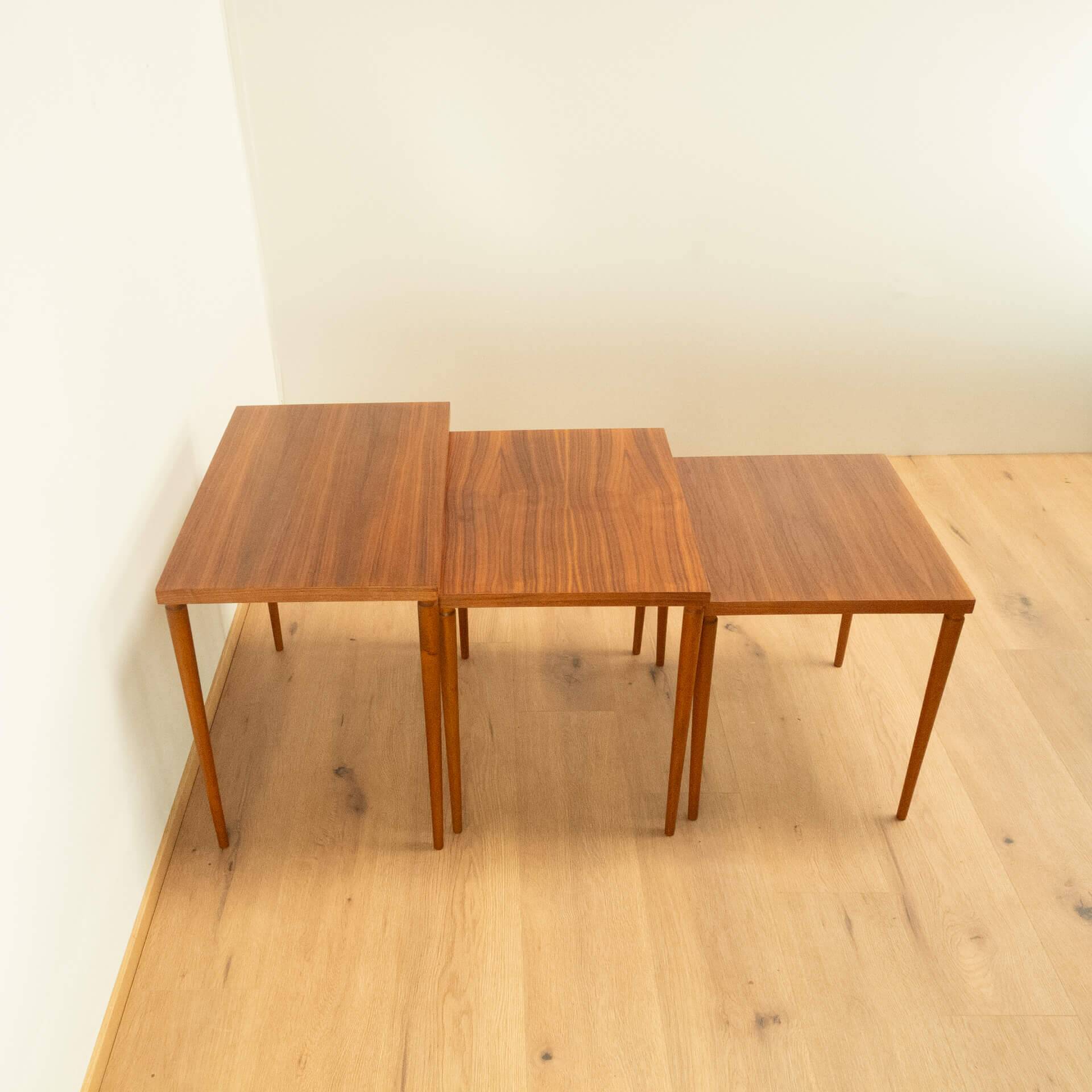 Set of 3 nesting tables, walnut with beech, vintage from the 60s