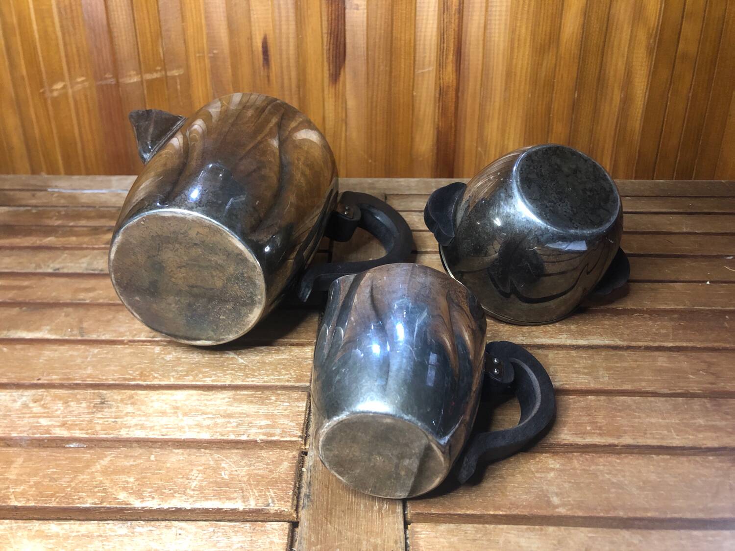 Old art deco coffee tea service silver metal & vintage black wood handles #a591