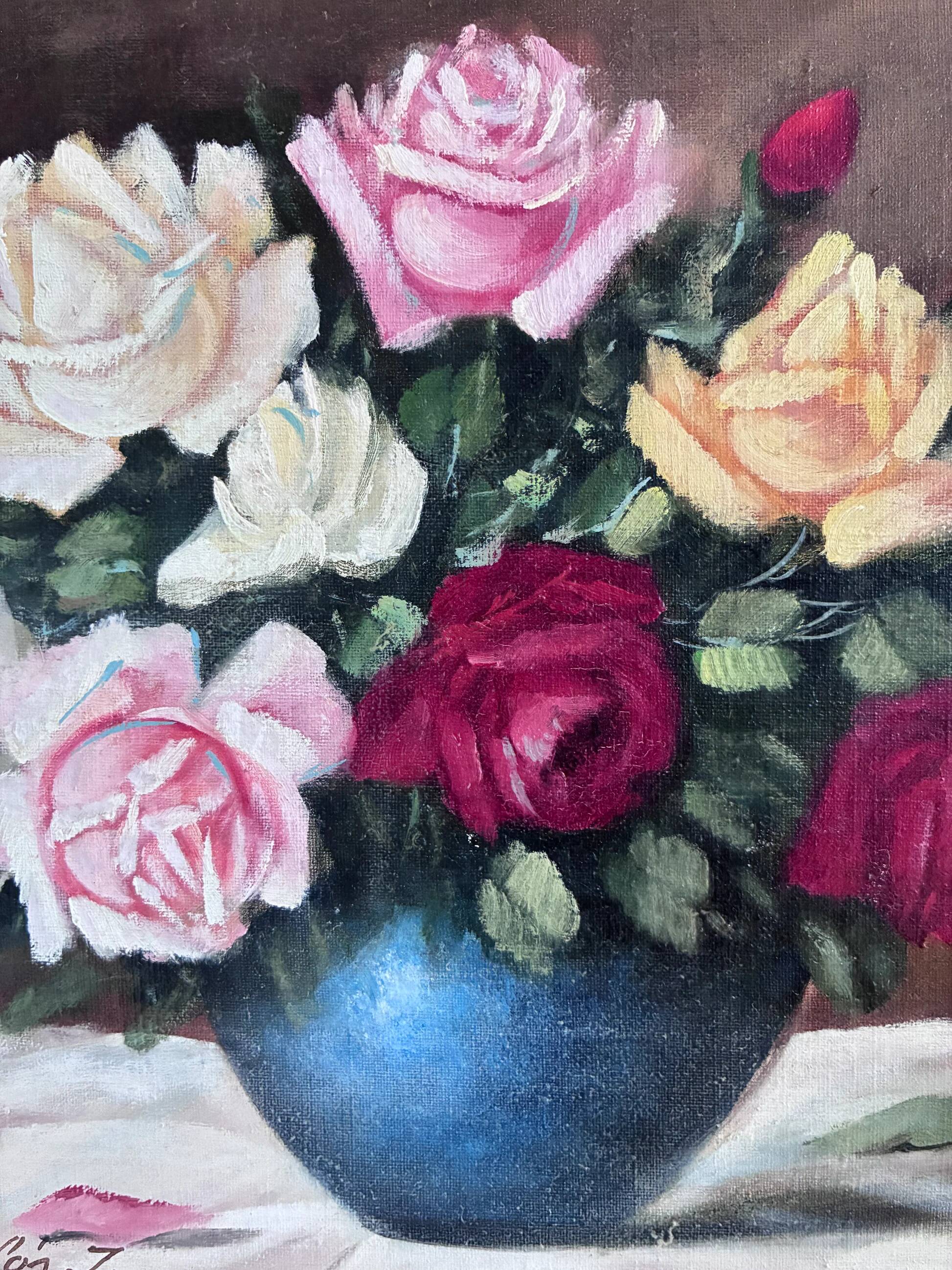 Vintage original floral rose oil painting, signed flower art
