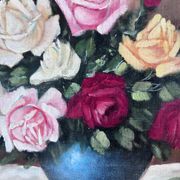 Vintage original floral rose oil painting, signed flower art