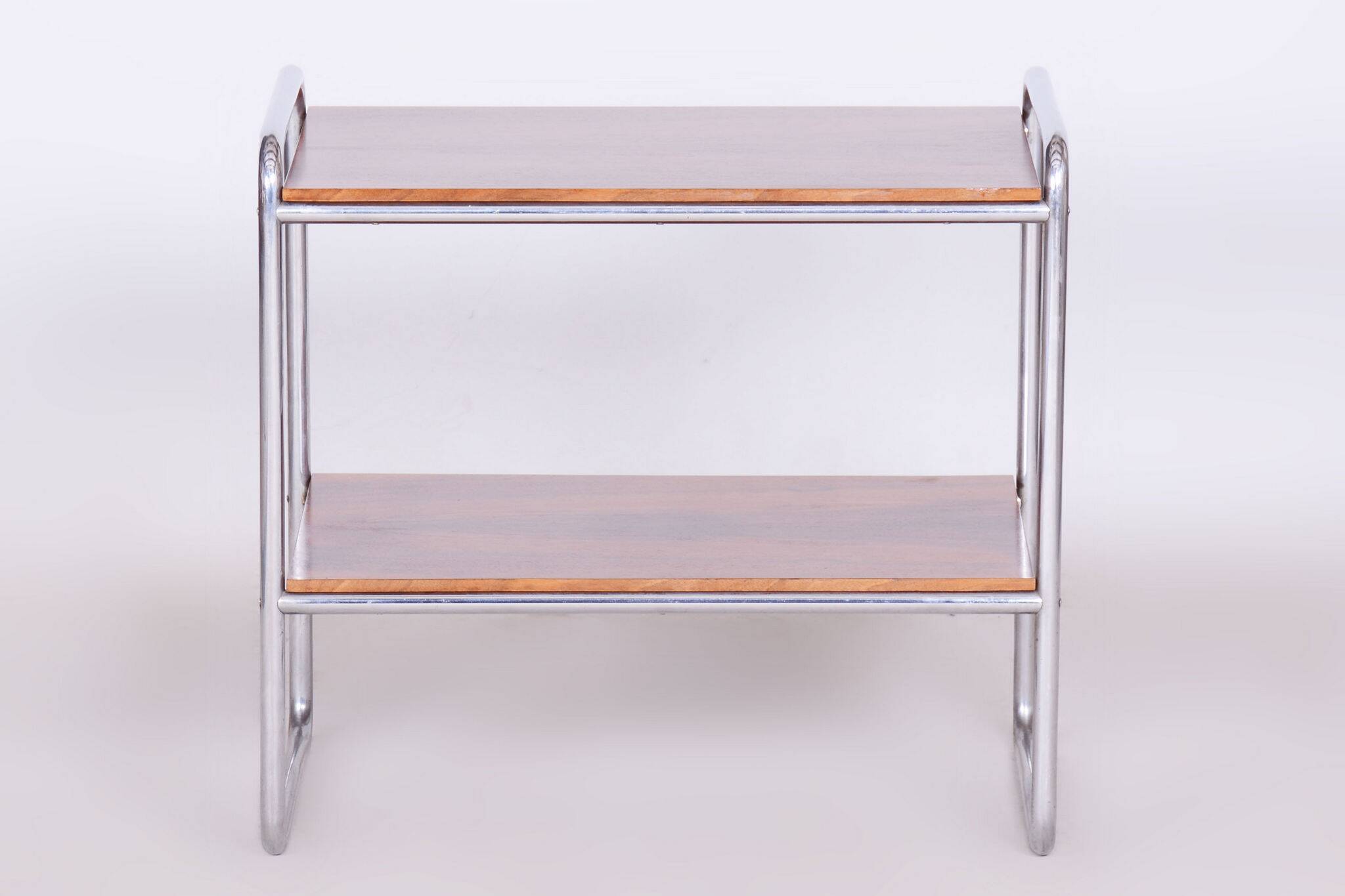 Table d'appoint Bauhaus restaurée, noyer, acier chromé, tchèque, années 1930