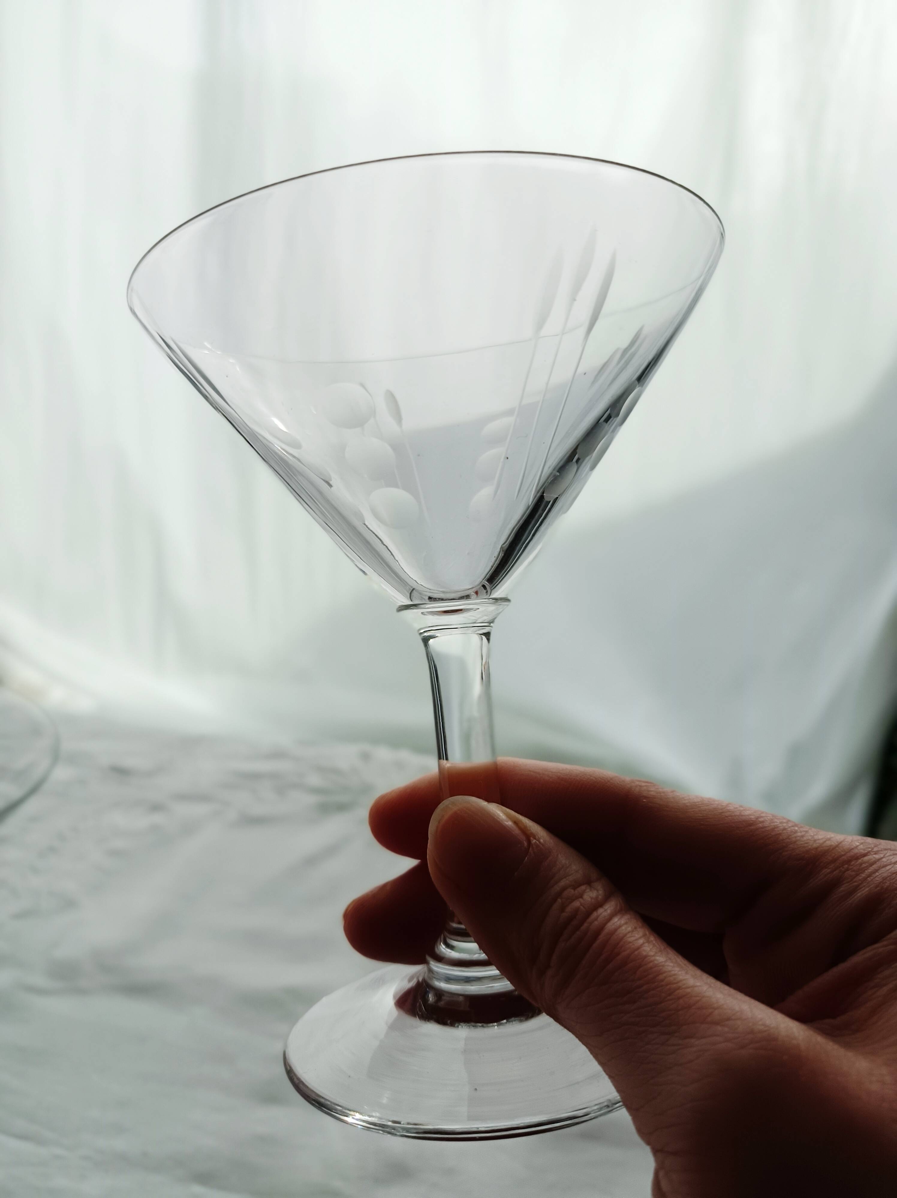 Set of 2 etched glass cocktail glasses