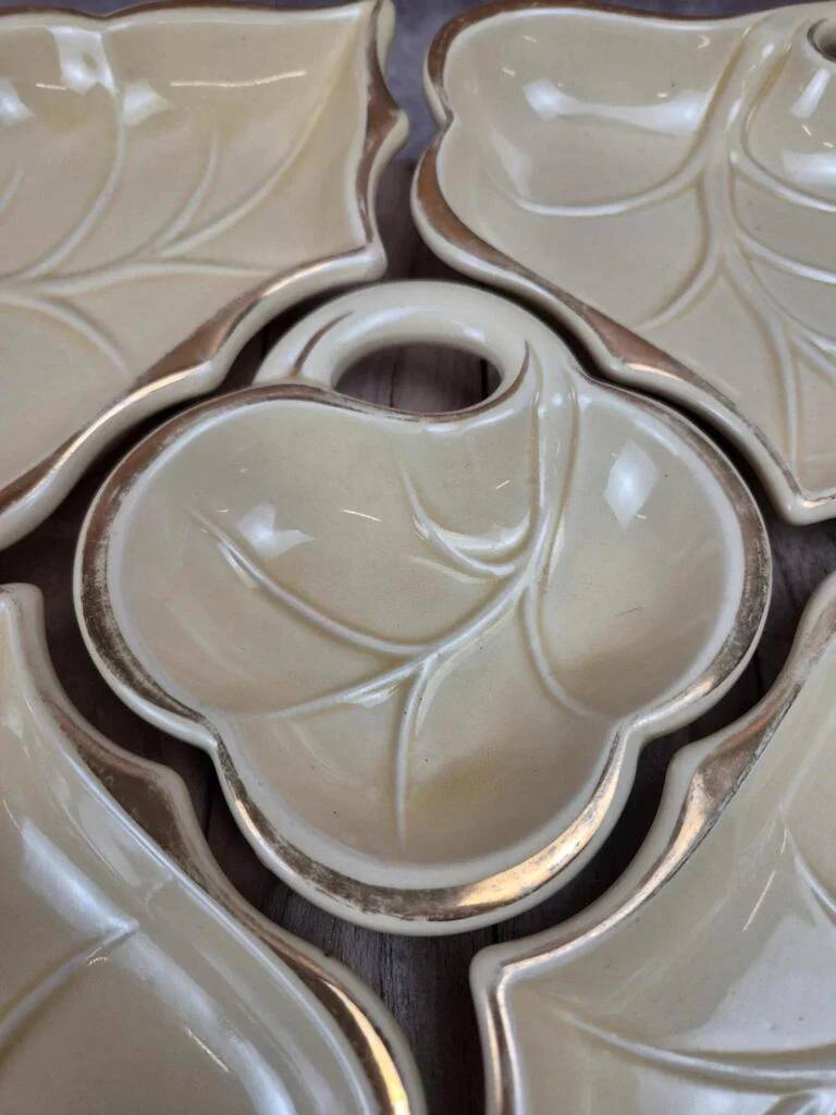 Vintage aperitif service 5 leaf bowls – Poët Laval art ceramics – gilding