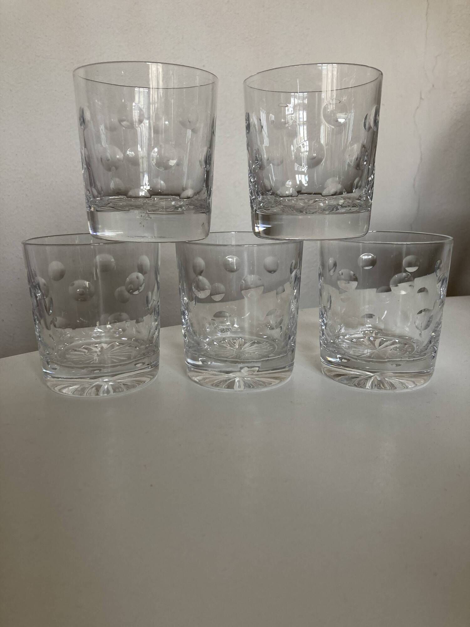 Set of 5 crystal whiskey tumblers giving polka dot cut 1970