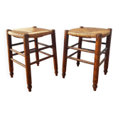 Pair of antique 1960 stools with straw seats