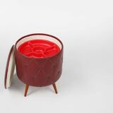 Vintage pouf with storage in dark red faux leather, France ca. 1950
