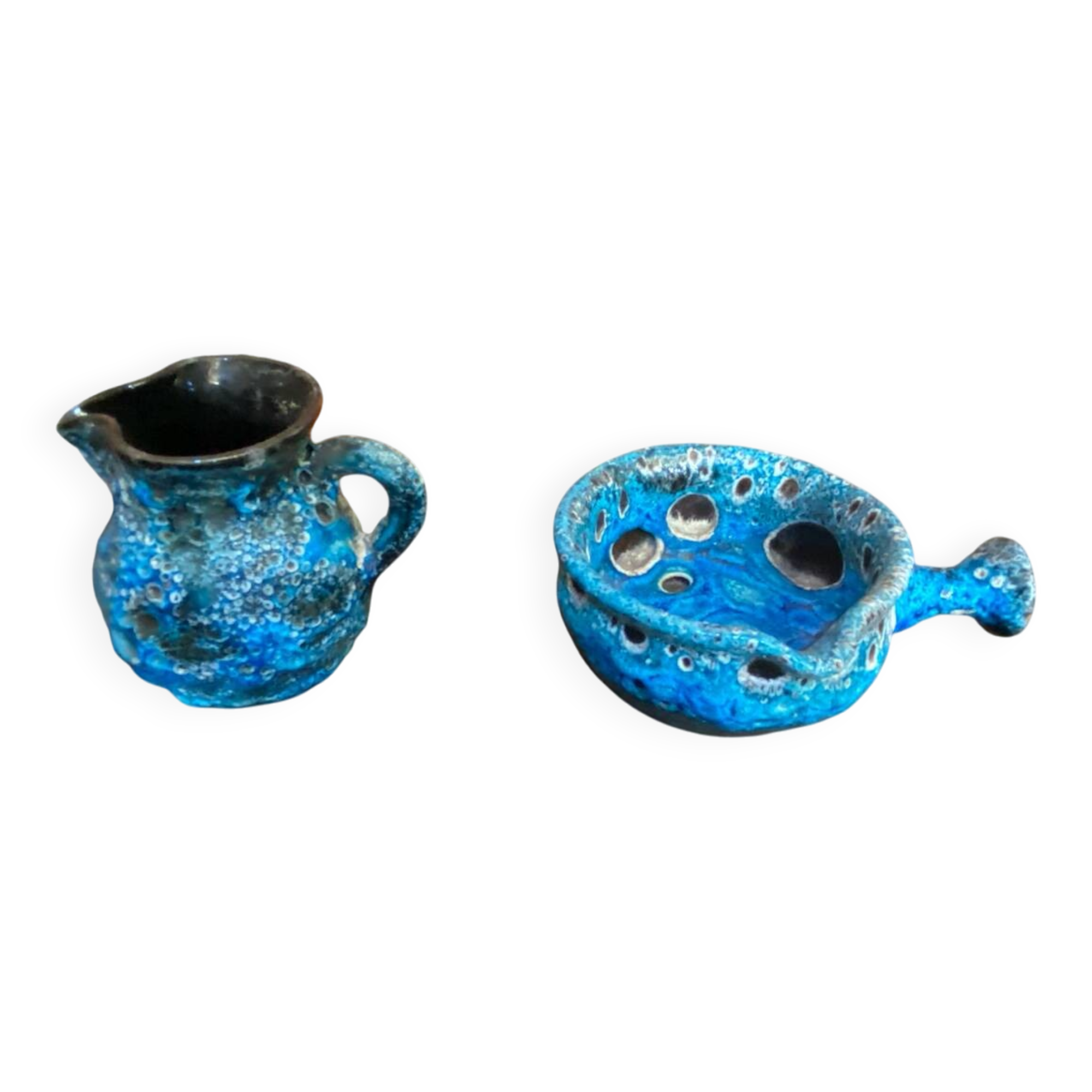 Pichet + Pan Charles CART Cyclope Ceramic Blue France Vintage #D5