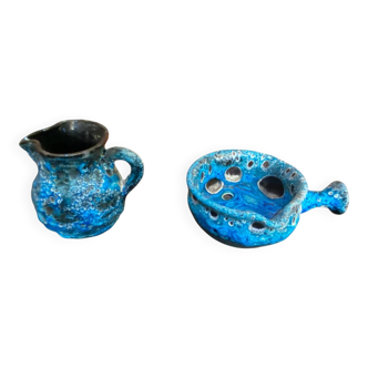 Pichet + Pan Charles CART Cyclope Ceramic Blue France Vintage #D5