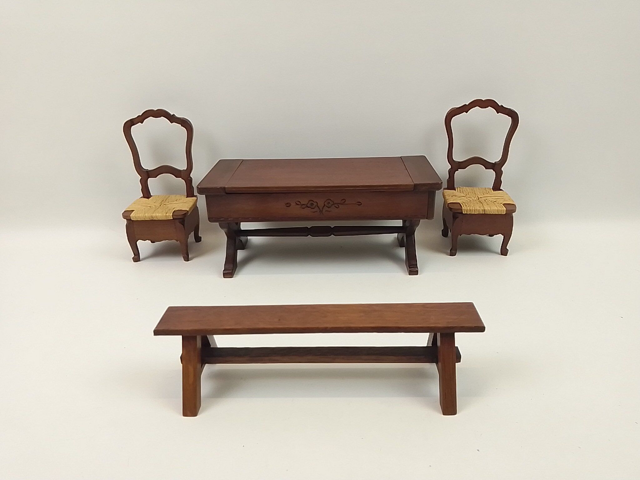 Lot de 3 boîtes à bijoux reproduction miniature en bois d'une table rustique, 2 chaises et un banc