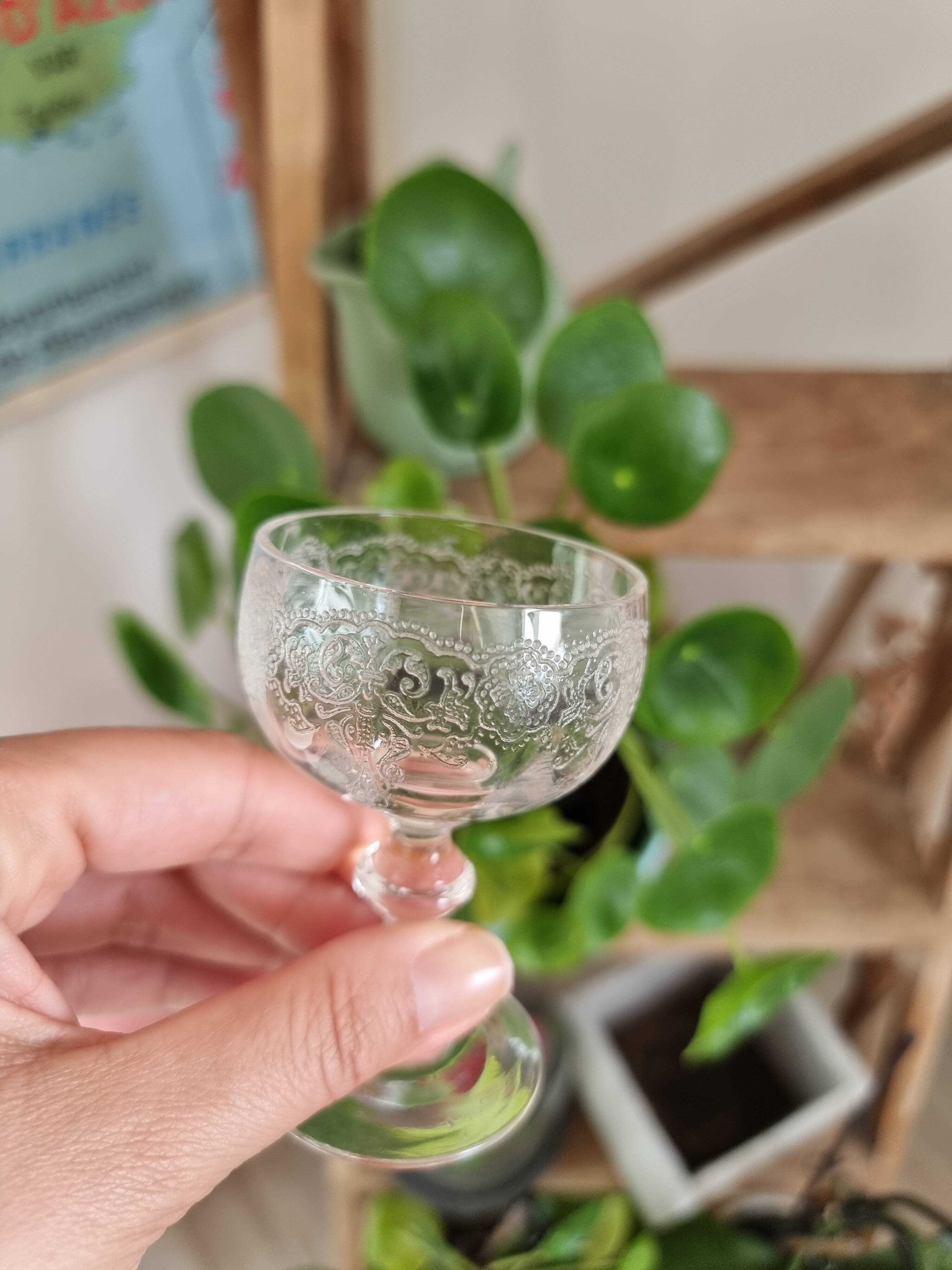 Set of 6 vintage etched shot glasses
