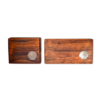 Set of Two Vintage Danish Modern Wood Boxes with Sterling Inlays, 1960s