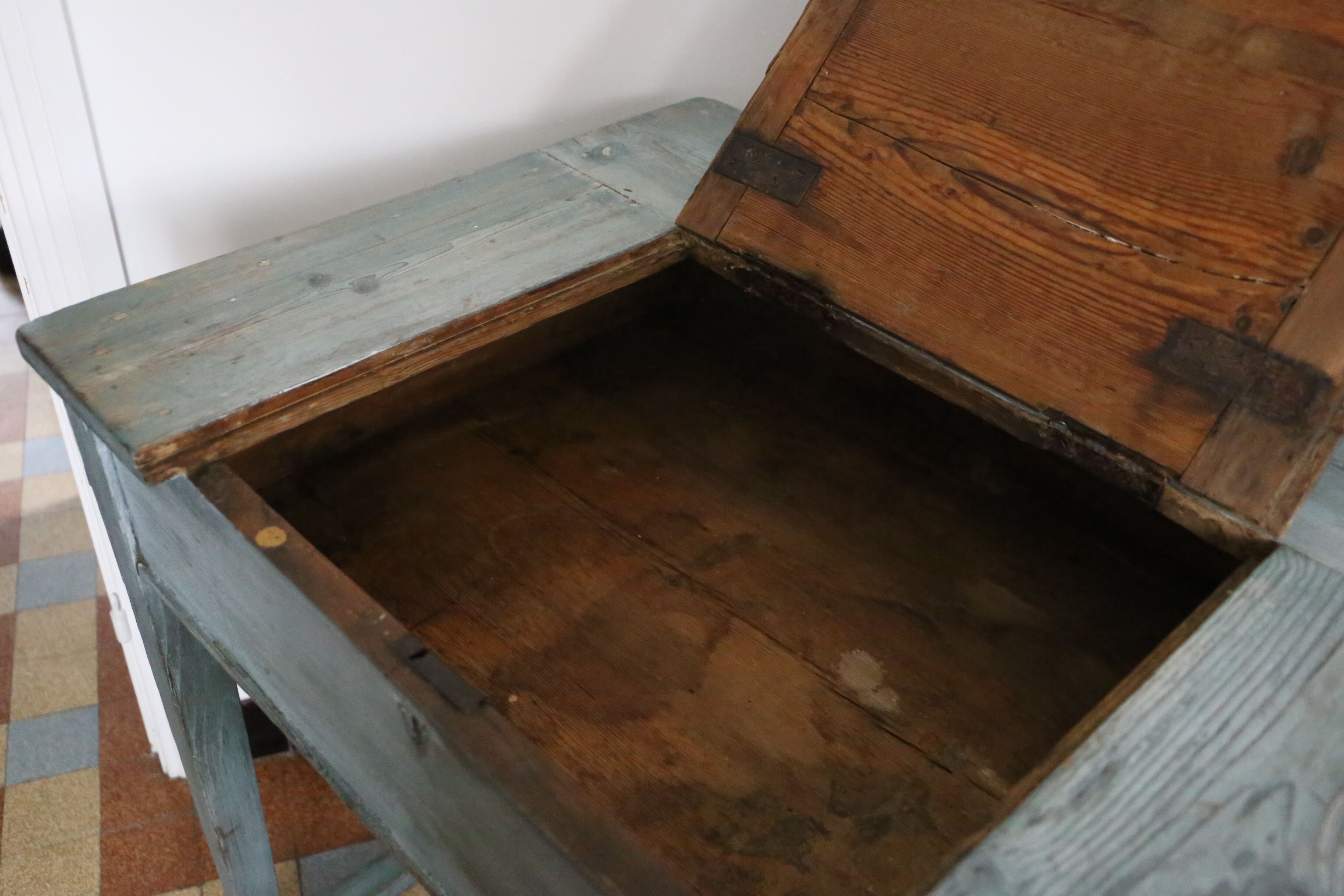 Old box desk, blue lasure
