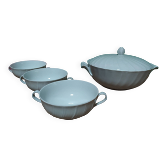 Tureen with 3 soup bowls in Limoges porcelain