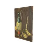 Still Life with Wine and Fruit Painting Oil on Canvas Signed