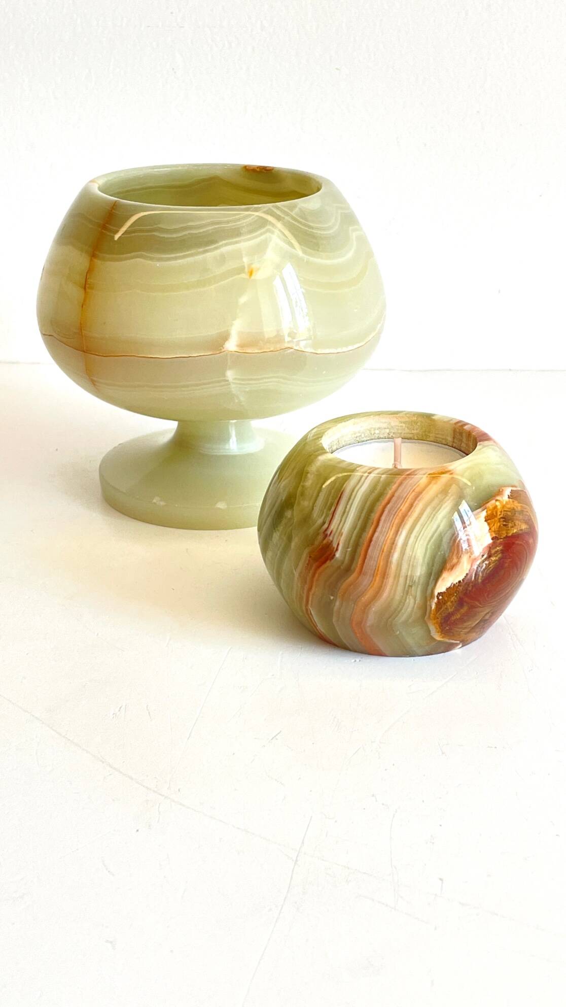 2 70s design onyx candle holders