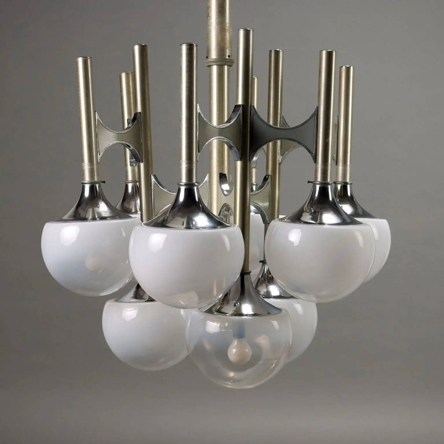 Vintage lacquered steel chandelier with glass spheres, Italy, 1960s-1970s.