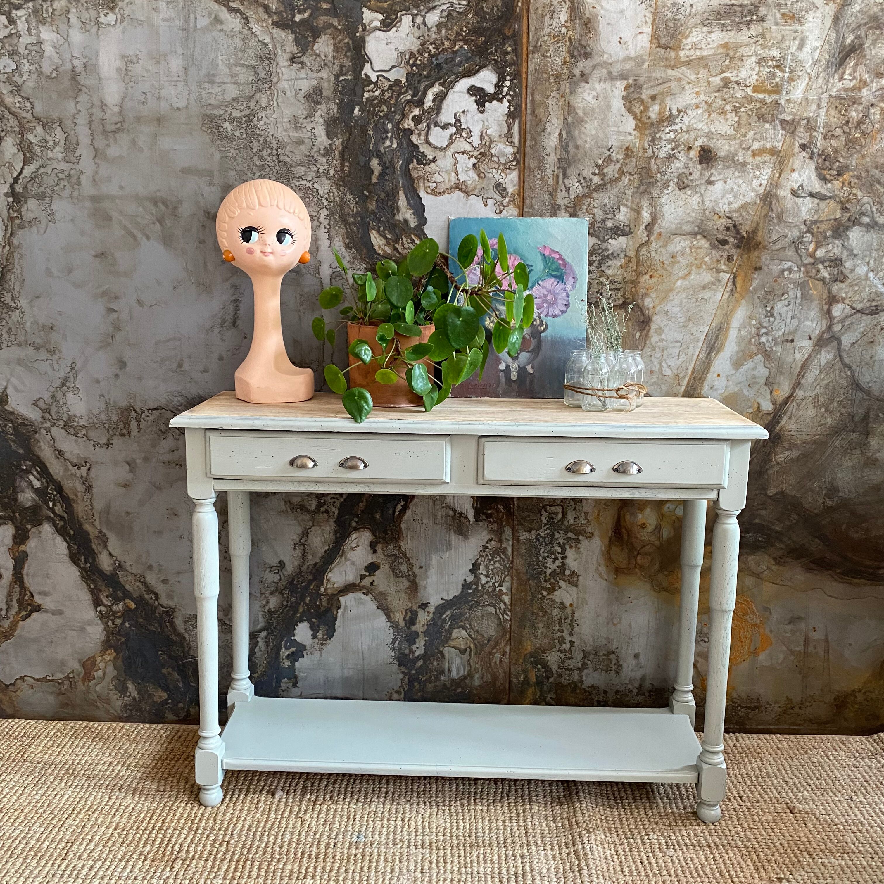 Drawer console raw wood & gray green