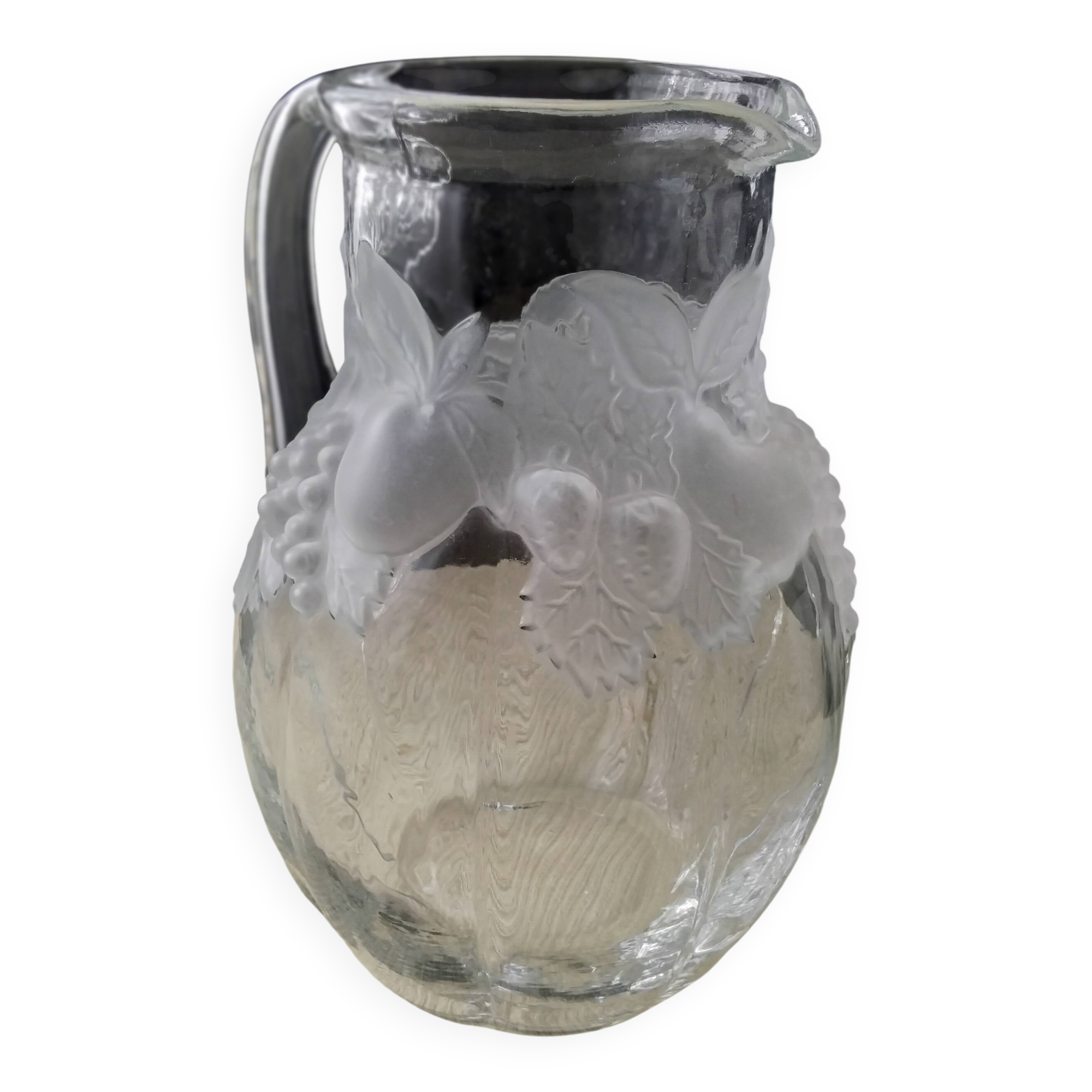 Large water jug with embossed fruit decoration in frosted glass