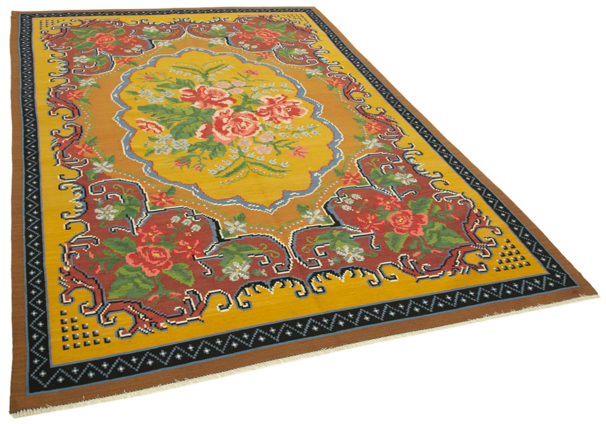 Handmade Vintage Moldovian Yellow Kilim 198 cm x 295 cm - 23443