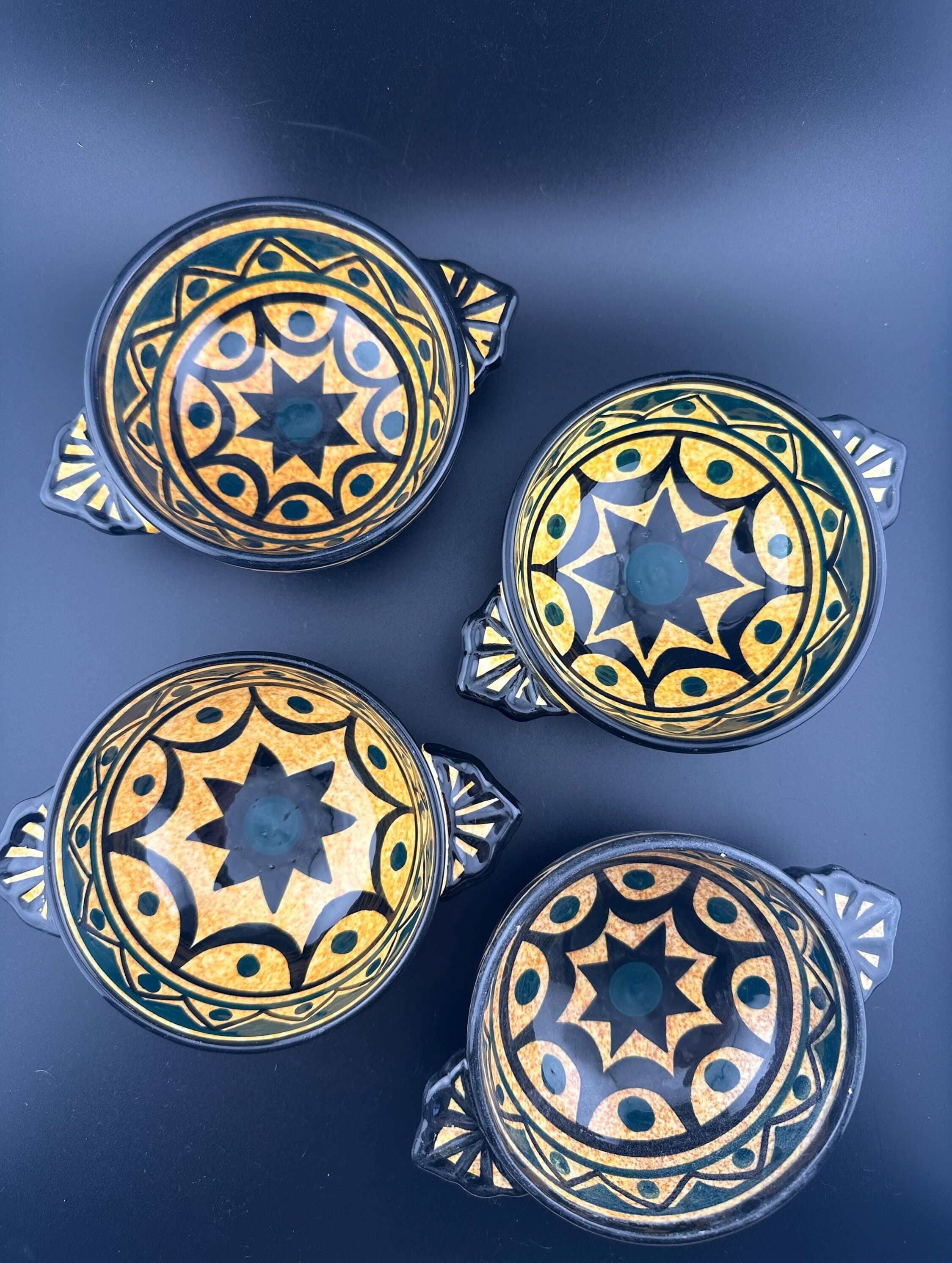 Earthenware Bowls St Jean de Bretagne Set of 4 Hand Decorated Geometric Black