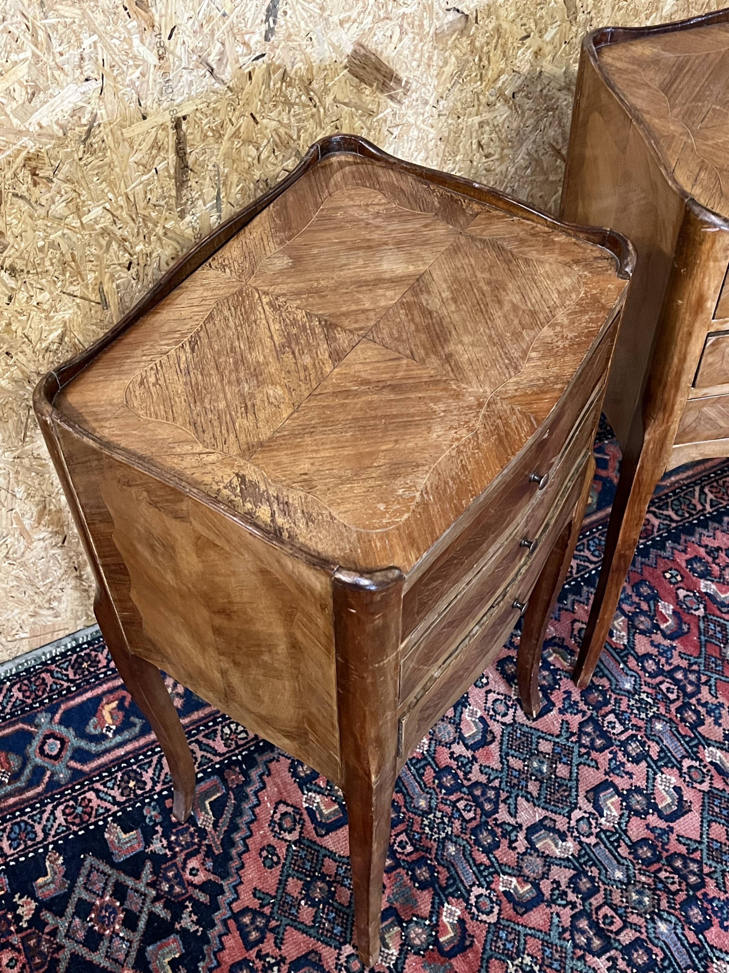 Pair of old Louis XV style bedside tables, in walnut veneer