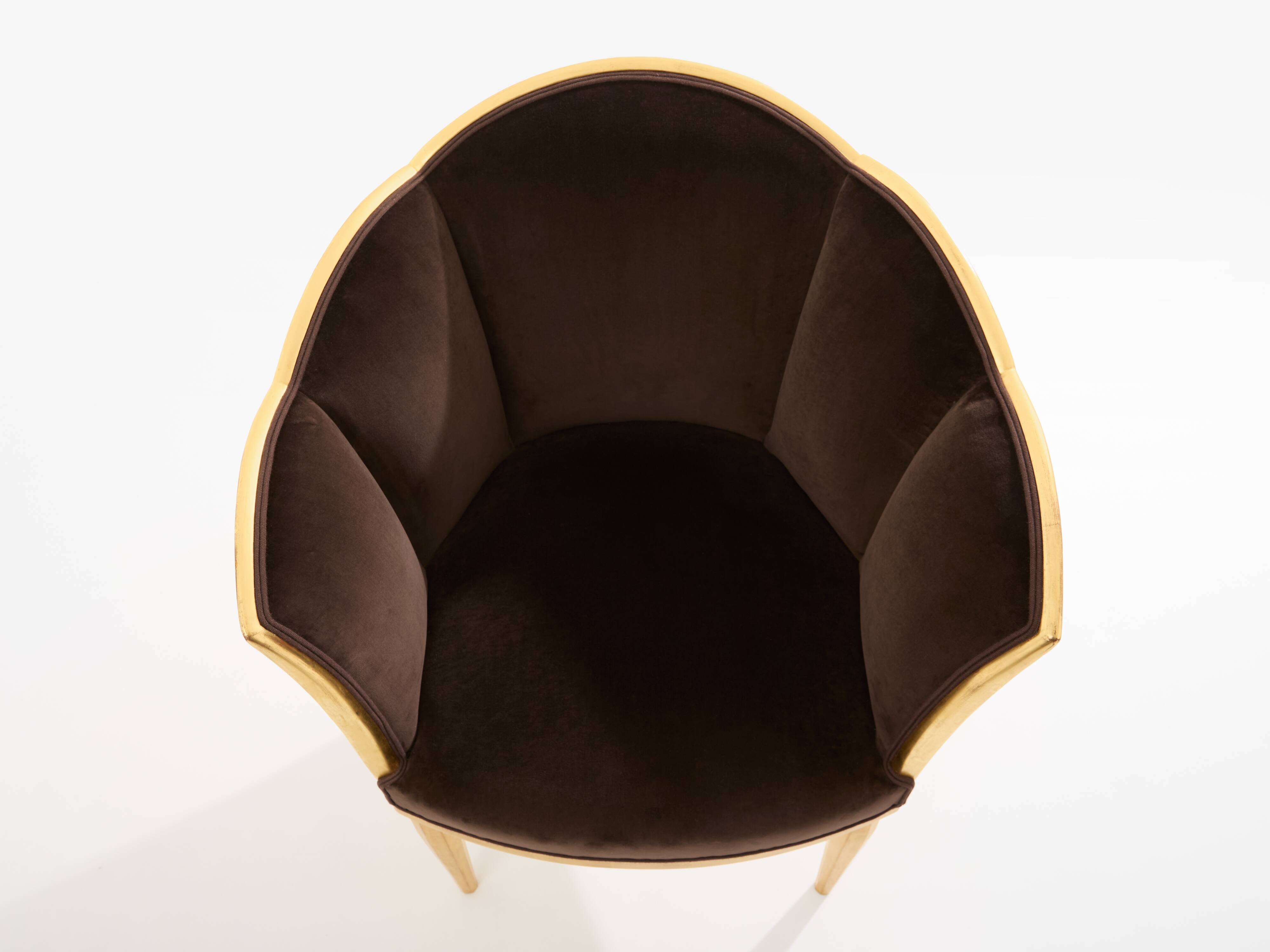 Maurice Dufrène pair of armchairs, gilded wood, brown velvet, 1925.