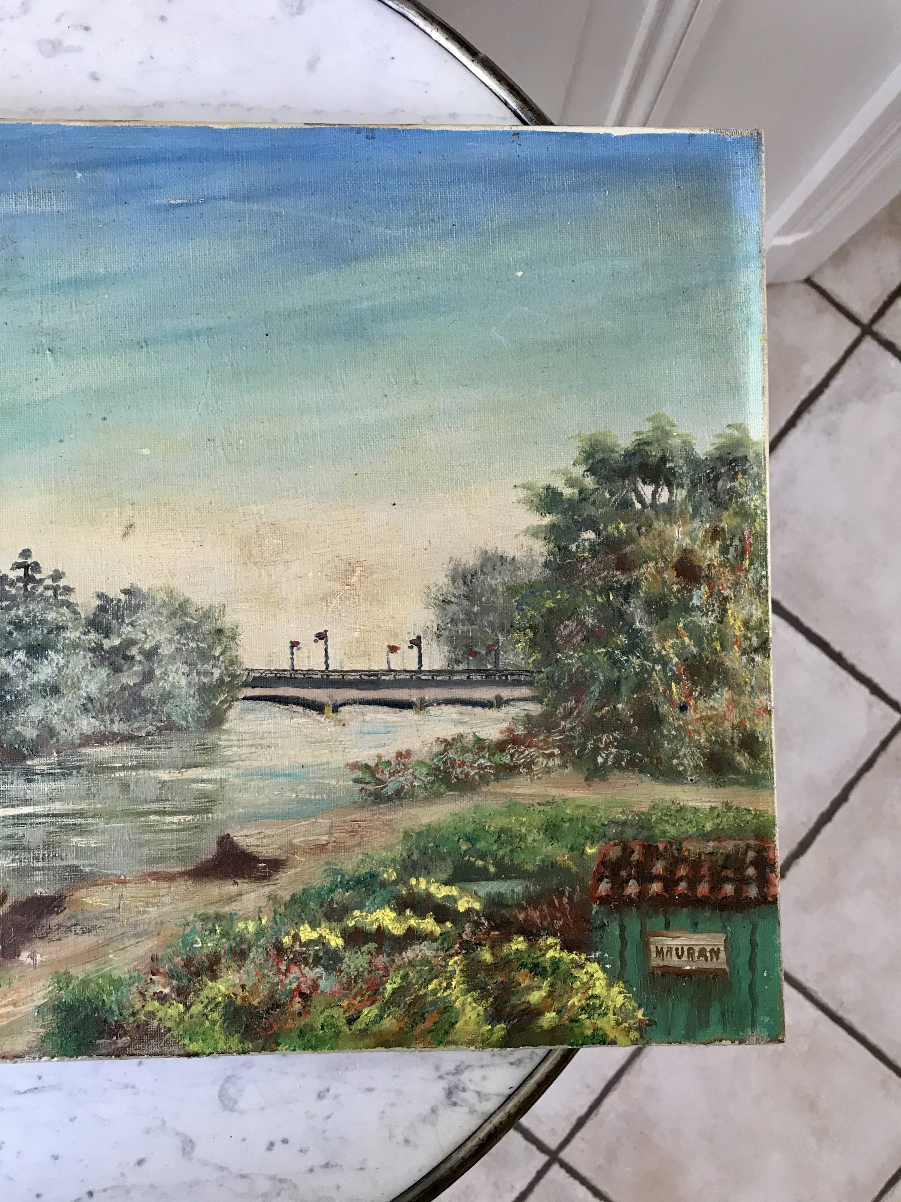 Oil painting on canvas landscape river bellerive bridge signed "morand" vinage