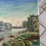 Oil painting on canvas landscape river bellerive bridge signed "morand" vinage