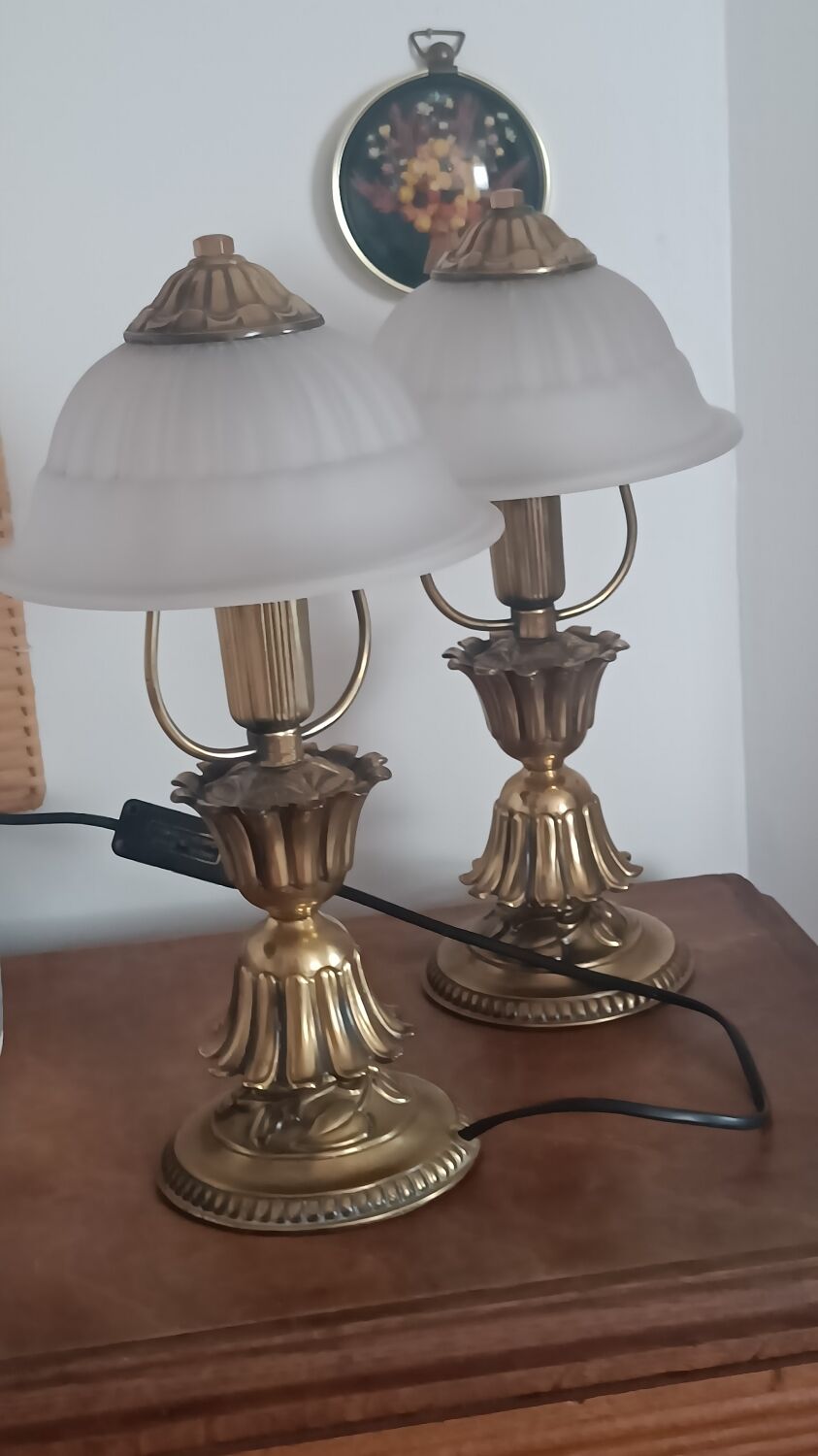 Vintage lamp in metal with brass finish and frosted opaline glass – 2 available