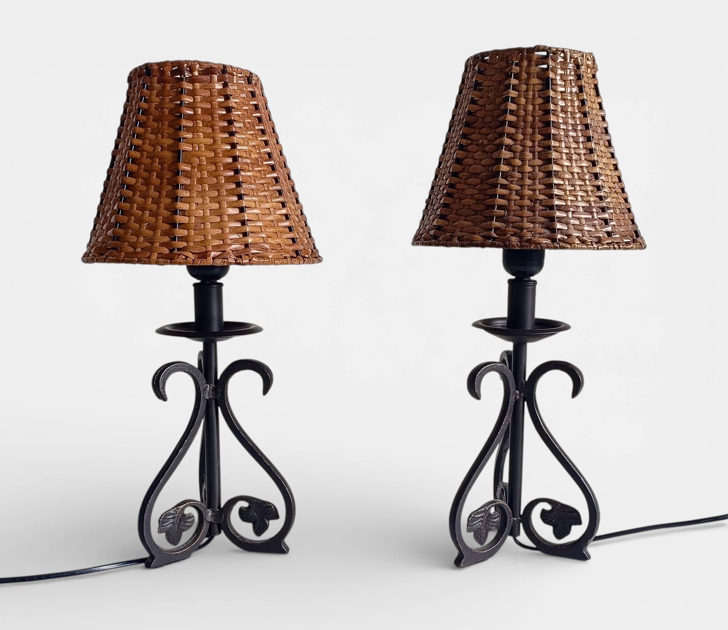 Spanish Hand Forged Wrought Iron Table Lamps with Hand Woven Wicker Shades