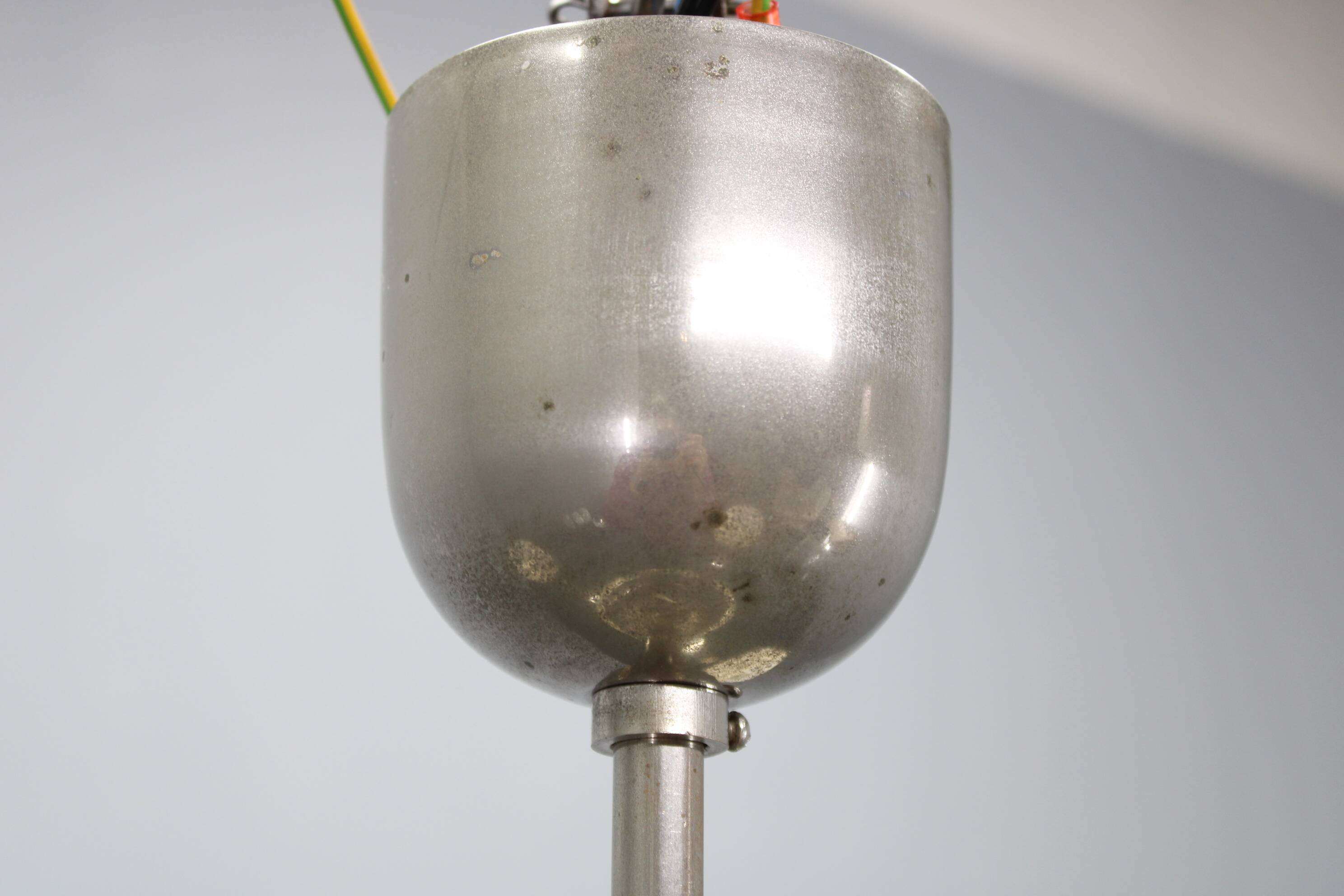 1930s Art Deco nickel and cream glass chandelier