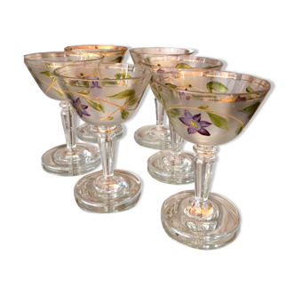 Suite de 6 verres a liqueur ou a goutte en cristal givre a decor floral