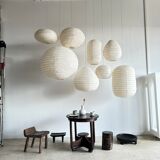 Suspension in rattan and natural japanese linen in the shape of a drop