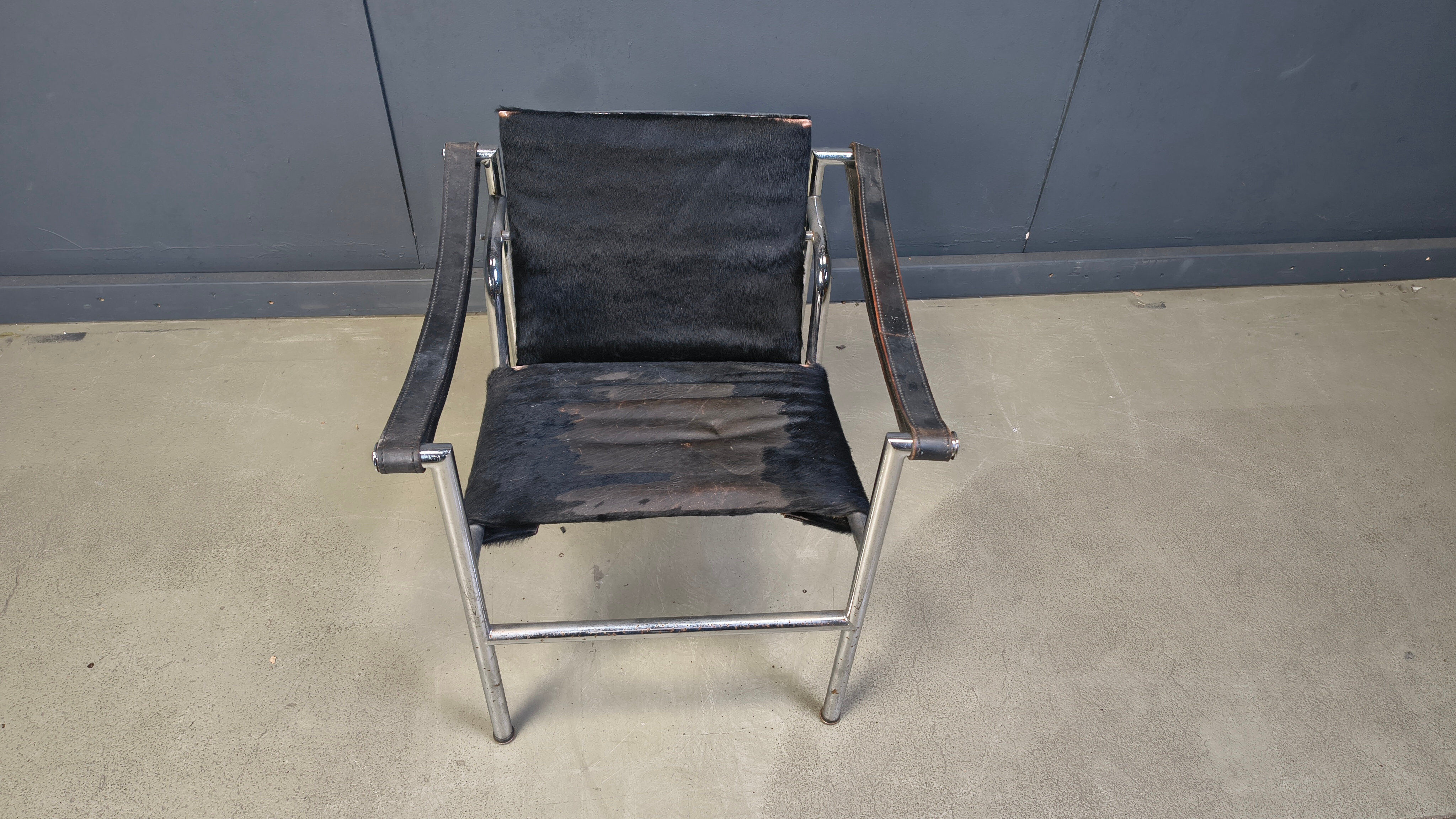 LC-1 chair in black ponyskin by Le Corbusier for Cassina 1970s