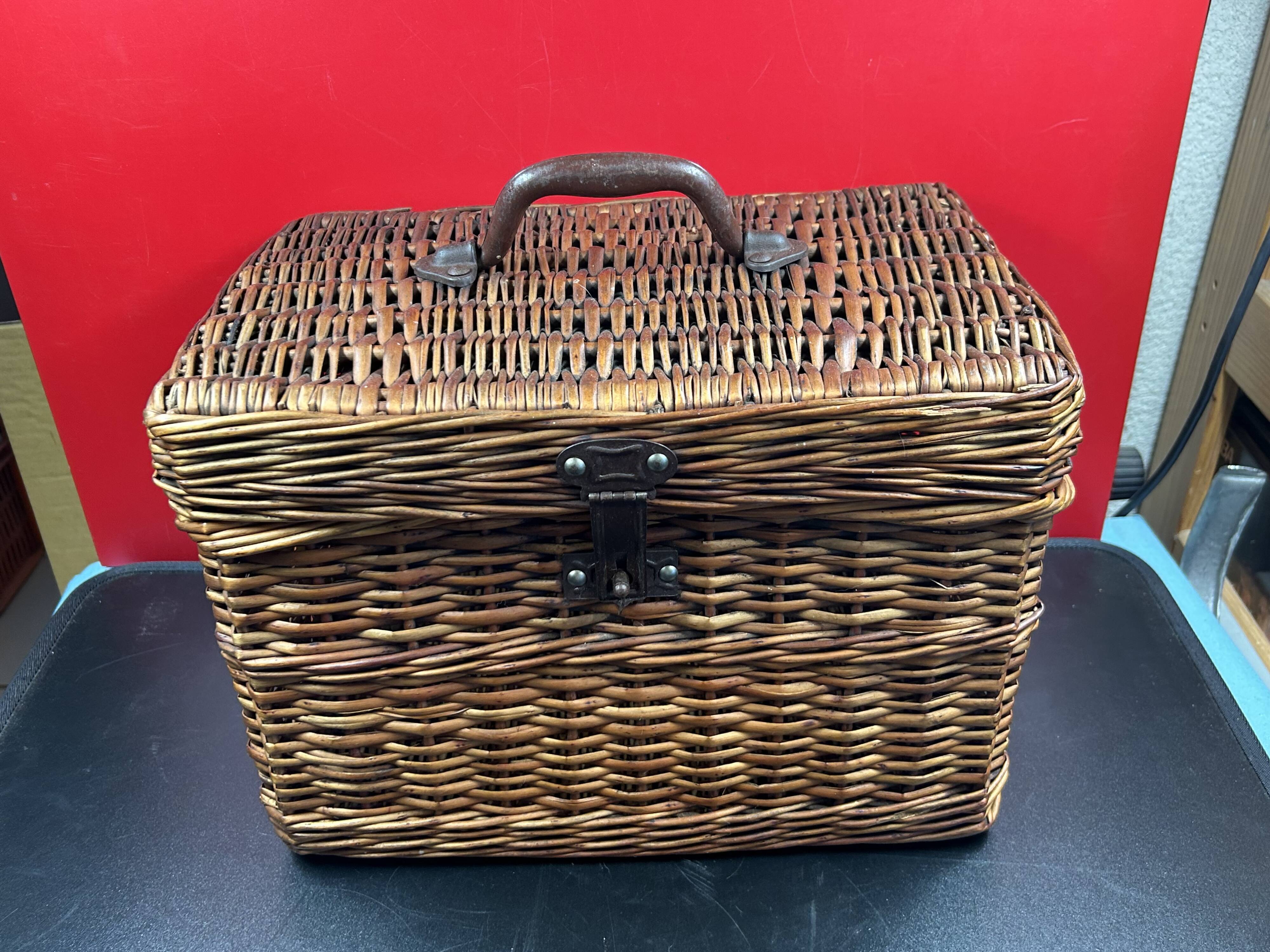 Rare antique wicker picnic basket with iron closures and handle