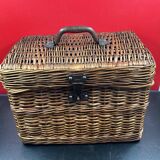 Rare antique wicker picnic basket with iron closures and handle