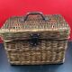 Rare antique wicker picnic basket with iron closures and handle