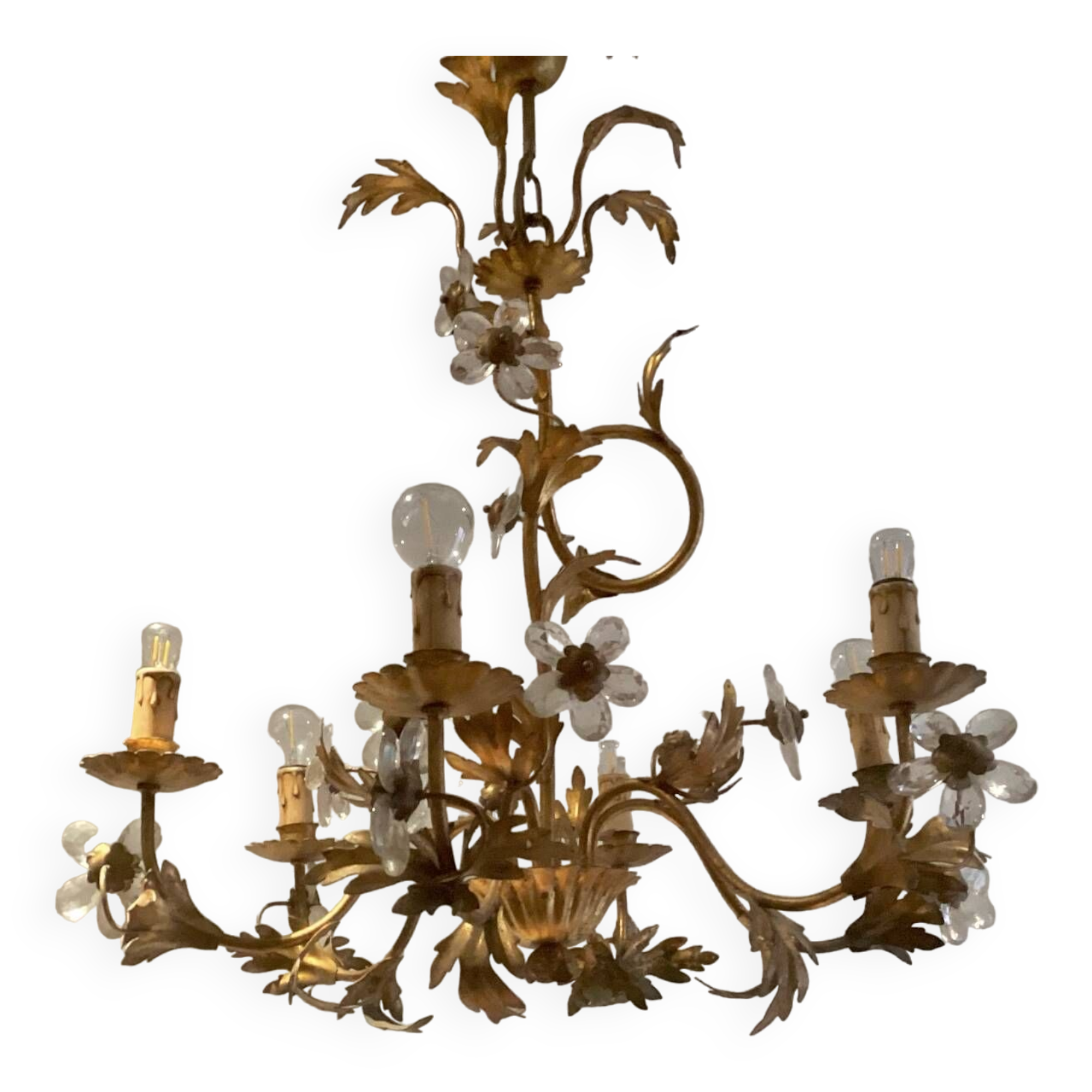 Lustre en métal doré et fleurs en verre, 1970