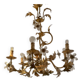 Lustre en métal doré et fleurs en verre, 1970