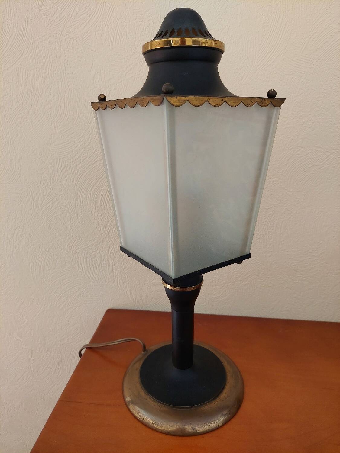 Arlus lamp in black metal, brass and glass circa 1950