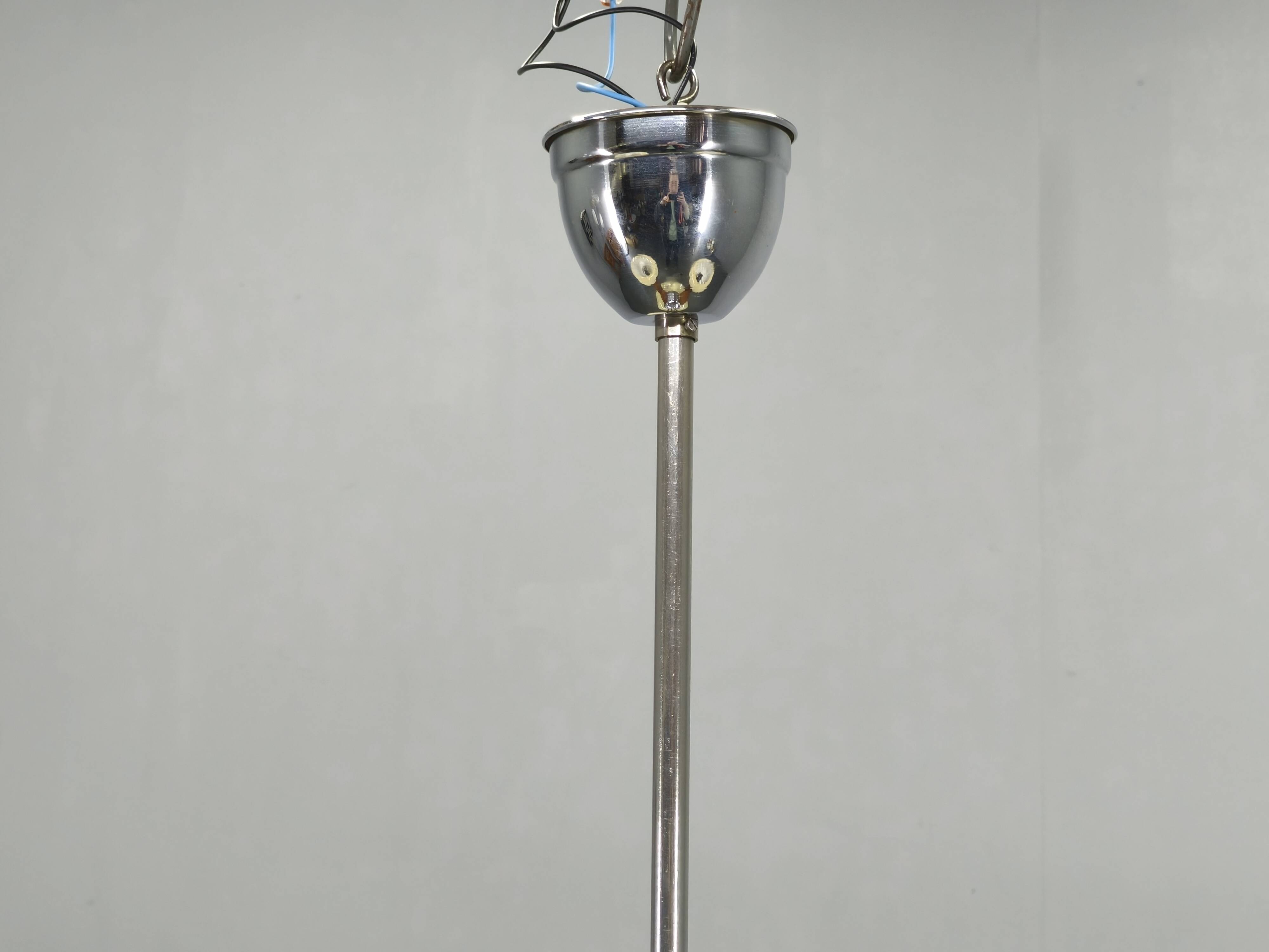 1940s Czechoslovak Art Deco Chandelier in Walnut Chrome and Glass