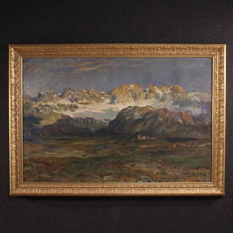 Antique Italian signed mountain landscape painting from 19th century