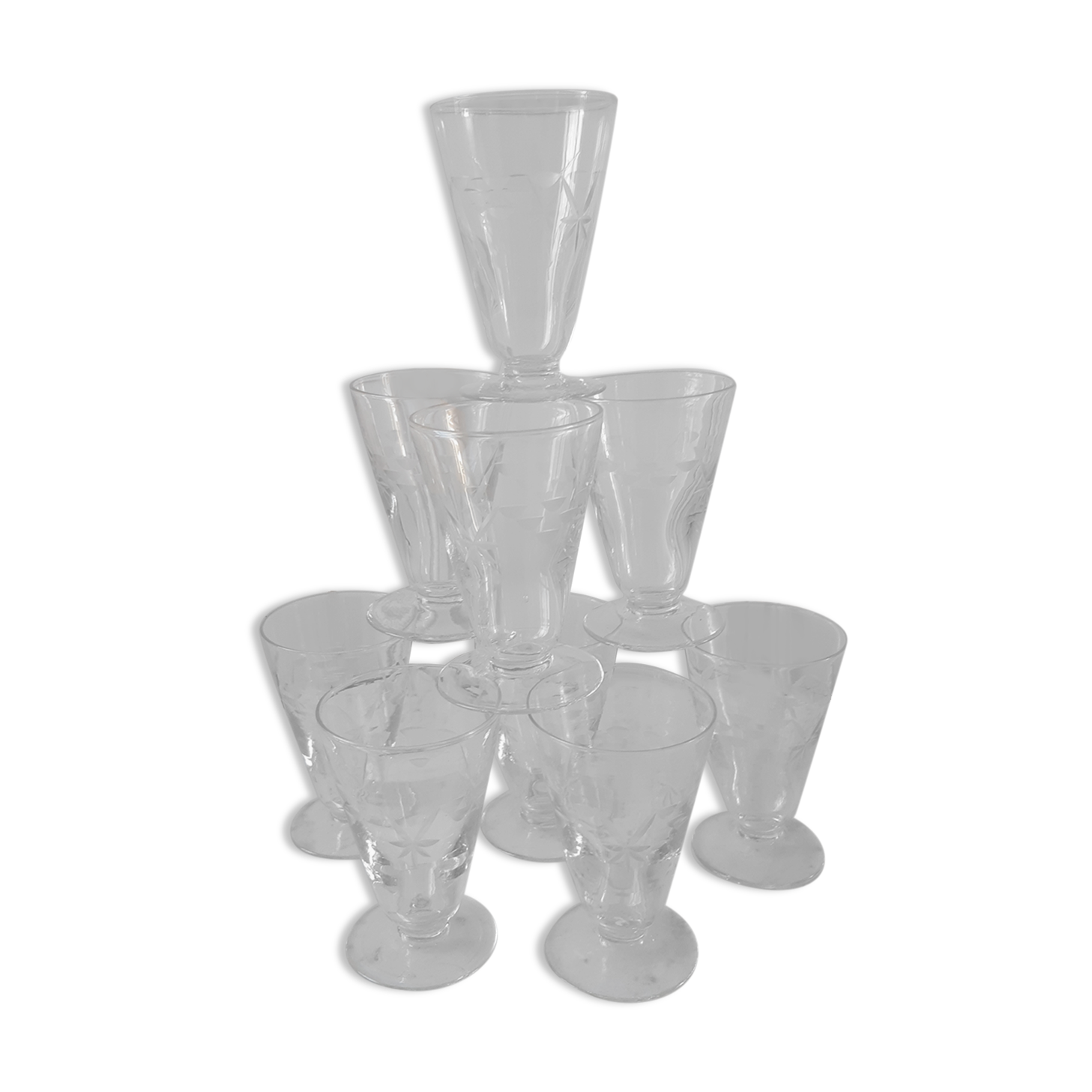 Set of 9 crystal wine glasses engraved 30s